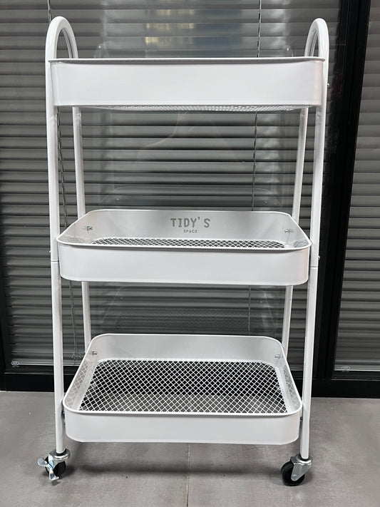 Tidy's space 3-Tier Metal Rolling Utility Cart, Storage Trolley Cart with Mesh Baskets and Lockable Wheels for Bathroom Kitchen Office (White)